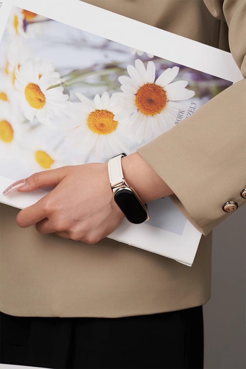 CHENSONG Compatible NFC Strap for Xiaomi Band 8/9/10/11, Unisex Smart Fitness Tracker Foldable Magnetic Buckle Plain Leather Strap, Milk White 3