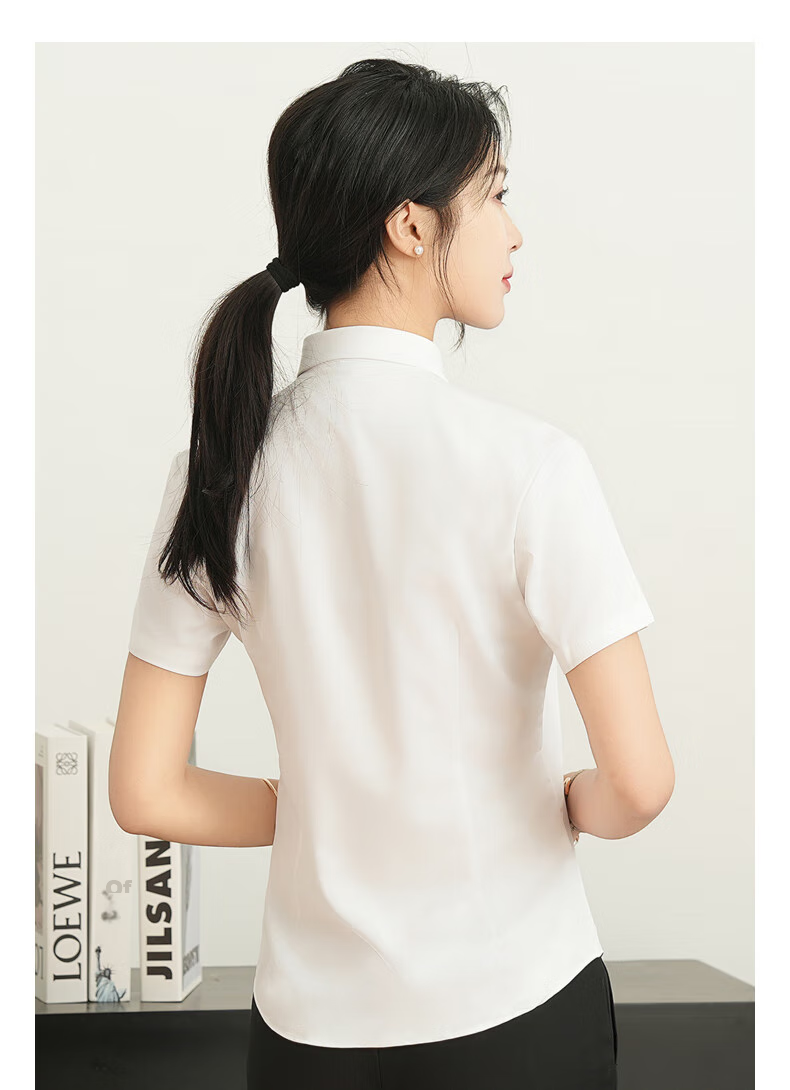 ROMON Cotton Short-Sleeve Shirt for Women, Business Casual Professional Formal Wear, Slim Fit Work Uniform Commuter White Blouse Women's Clothing 9