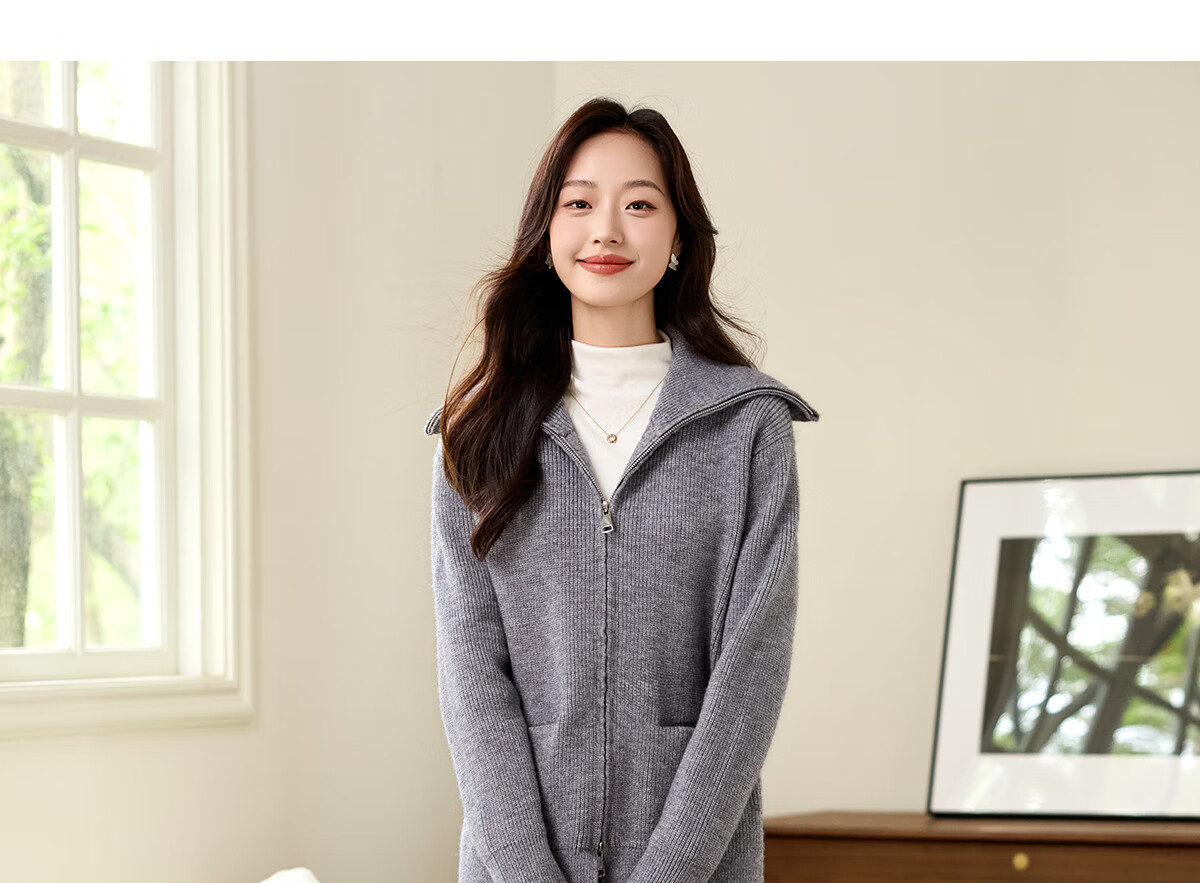 PinCai Women's Knitted Cardigan Autumn Winter Double Zipper Thickened Lapel Sweater Jacket P144Z9019 29