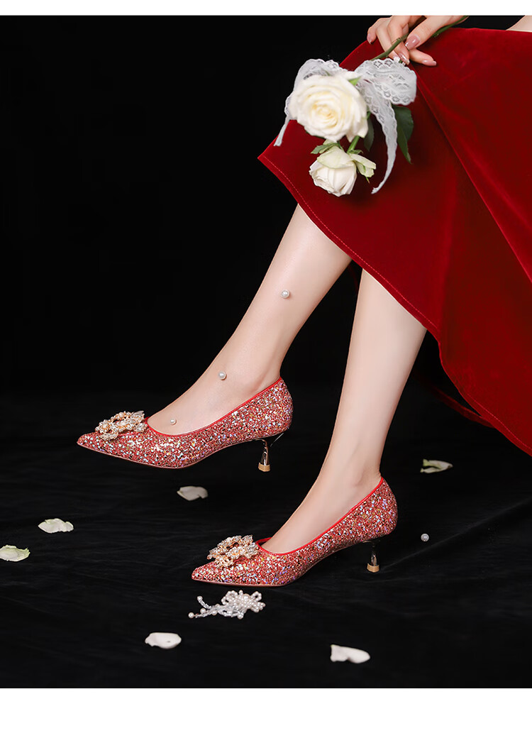 Josiny Elegant Wedding Shoes, High Heels for Women, Chinese-Style Wedding Shoes to Match Dresses, Qipao, Toasting without Fatigue, Red, Size 35 7