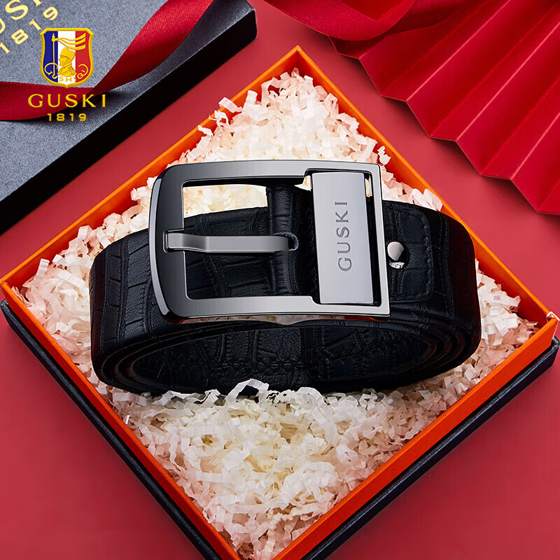 GUSKI Brand Men's Leather Belt with Ceramic Pin Buckle, Gift Box, Birthday Present for Boyfriend Or Husband
