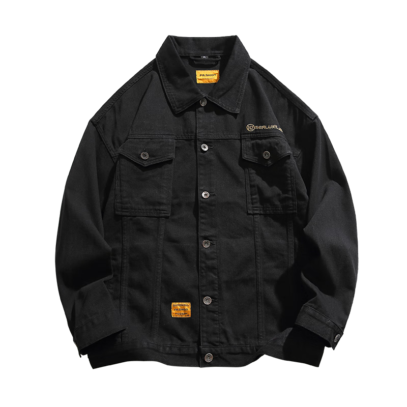 MMOPTOP Denim Jacket, Trendy Men's Spring And Autumn Style, Turn-Down Collar, Retro Workwear Jacket, Loose Casual Outerwear, JK826, Black, 2XL