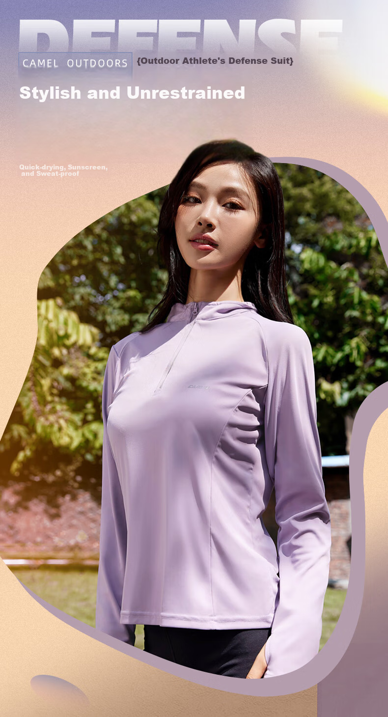 CAMEL Thin Fleece Sports Top for Women, Stand-Up Collar Long Sleeve Running Fitness T-Shirt C1W14L0623 Peach Pink S 1