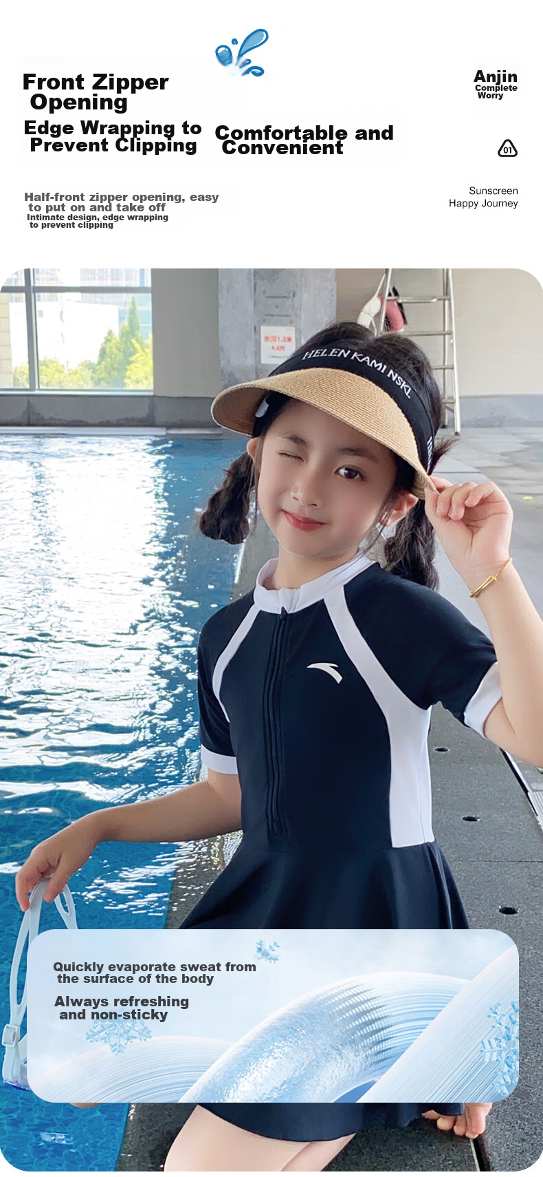 ANTA Children's Swimsuit, New Style One-Piece Swimwear for Girls, Suitable for Young Children And Middle School Students, Conservative Design, Pink, Size 120 8