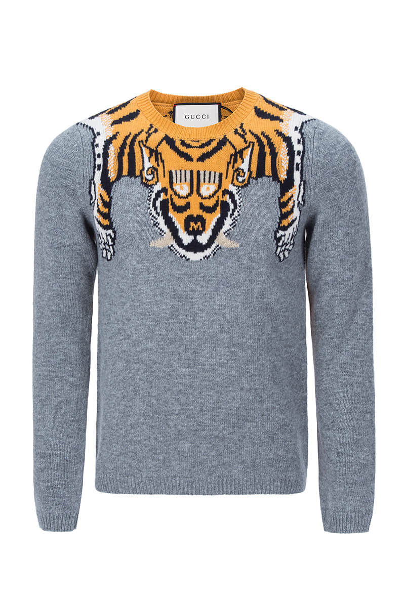 gucci 古驰 服饰 灰色老虎图案羊毛男士毛衣 410406 x1318 1375 m