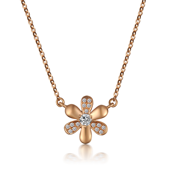金宝曼珠宝18k玫瑰金钻石项链 钻石吊坠配项链清新花瓣形