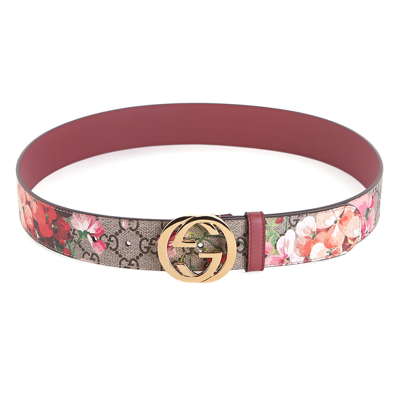 gucci 古驰 腰带 咖啡色人造革拼皮天竺葵印花女士针扣腰带 370543 ku