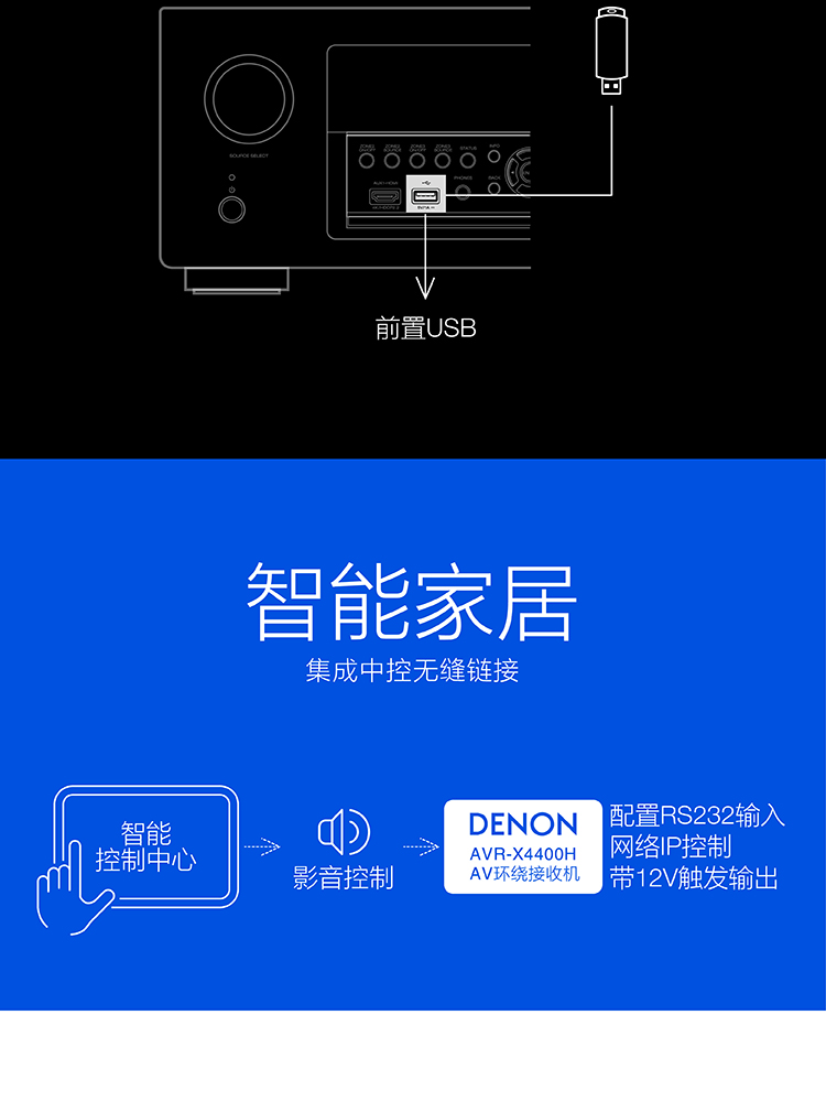 天龙（DENON）AVR-X4400H 音响 音箱 家庭影院 9.2声道AV功放机 4K杜比全景声DTS:X蓝牙WIFI 黑色-京东