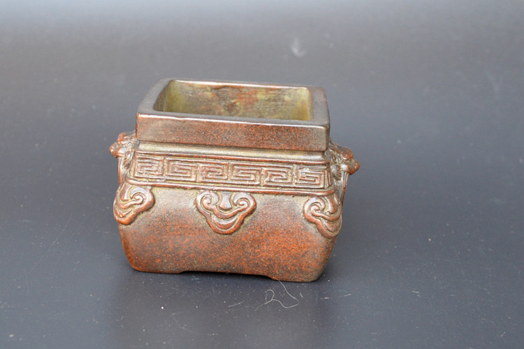 古玩杂项狮首衔环耳锦带方炉 苏州陈巧生家居宣德炉铜炉香炉家居装饰