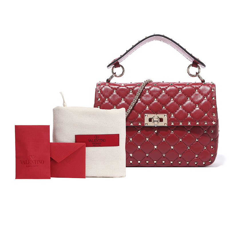 【备件库9成新】valentino 华伦天奴 女士中号红色羊皮铆钉手提包链条