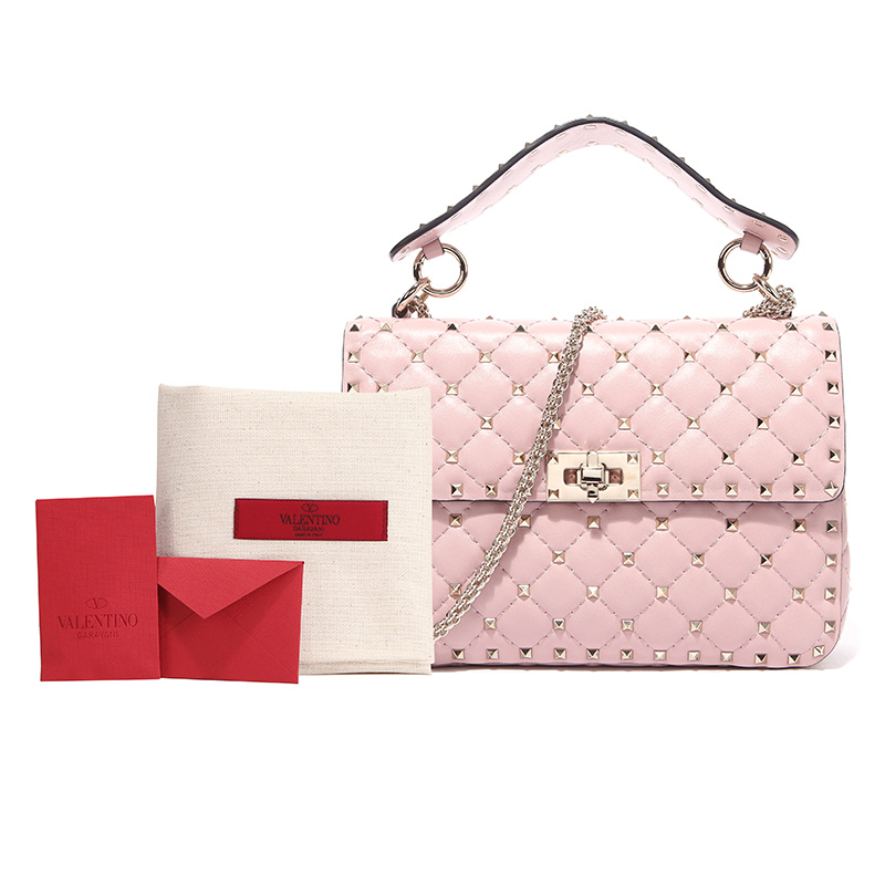 valentino 华伦天奴 女士中号粉色羊皮金色铆钉单肩斜挎包 mw2b0122