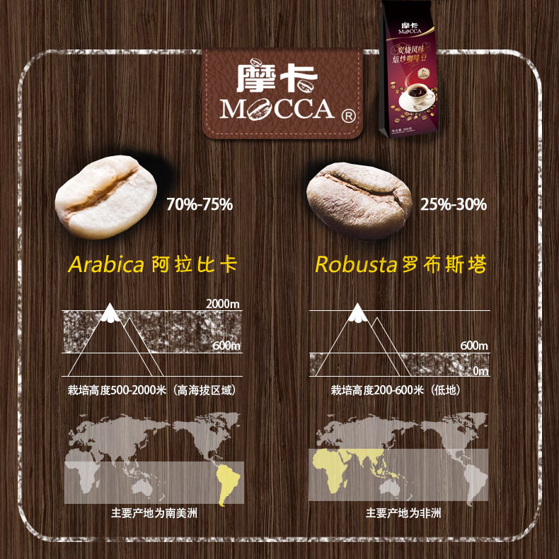 摩卡咖啡(mocca) 咖啡豆 炭烧风味 微焦略苦 无香精 300g*1包