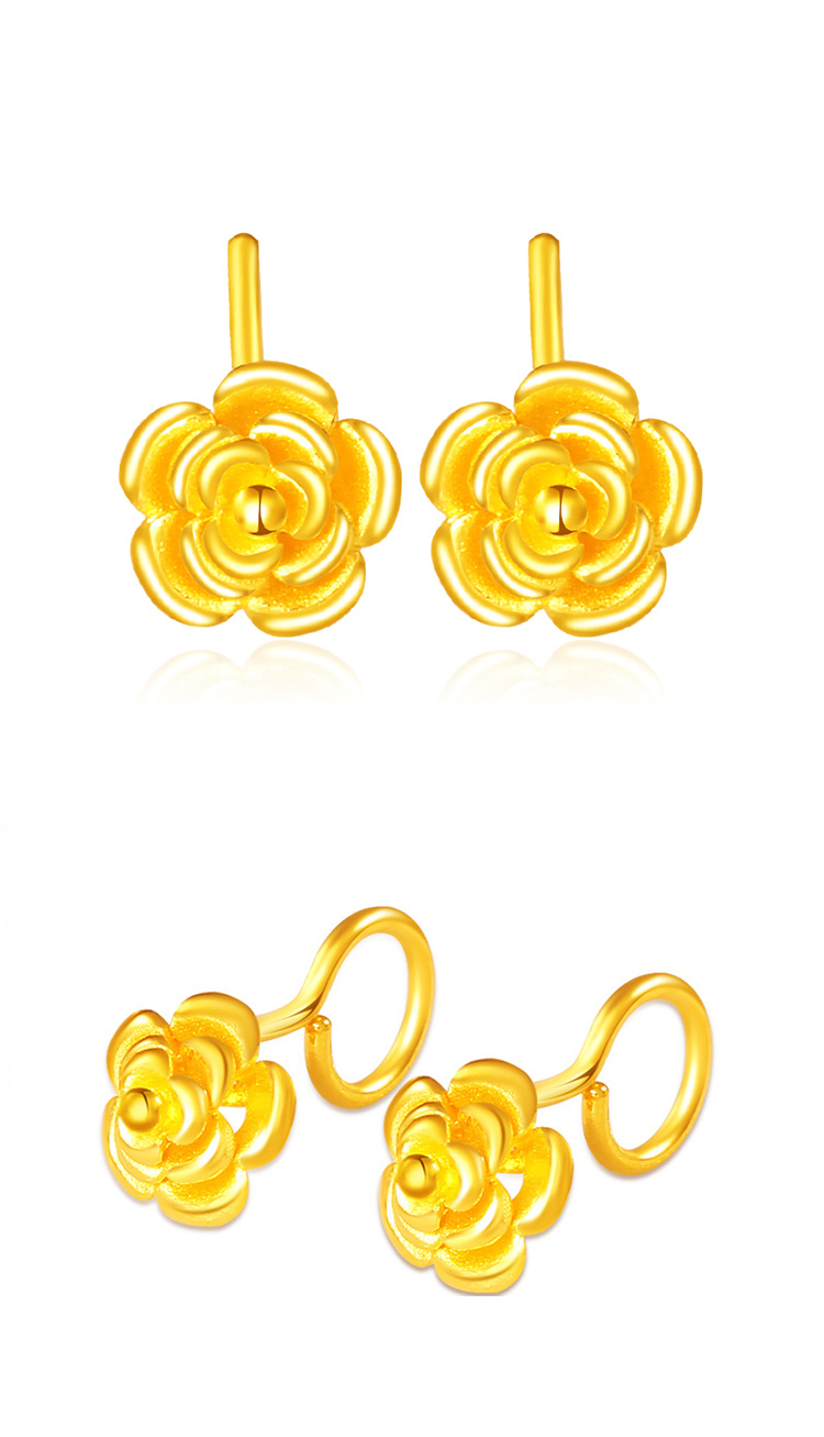 菜百首饰 黄金耳饰 足金山茶花耳钉 计价 约2.5克