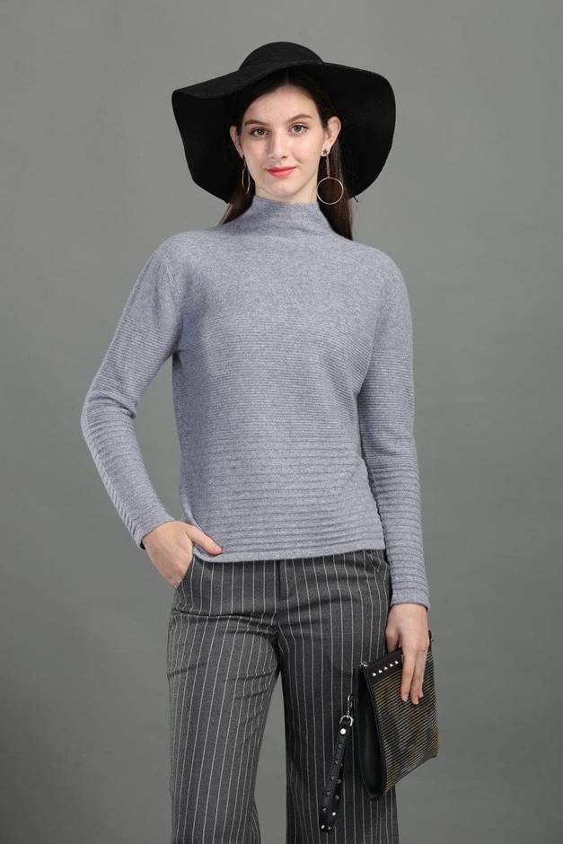 雪莲羊绒衫女款小立领半身花纹套头衫 7225 灰 l码