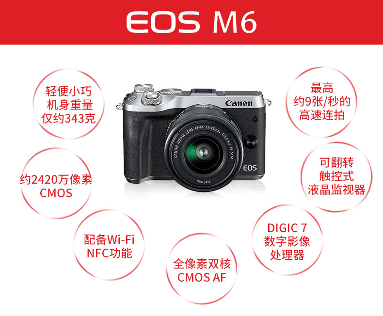 佳能（Canon）EOS m6 微单电可换镜相机（15-45镜头黑色套机）（2420万像素 触控翻转lcd 全像素双核对焦）-京东