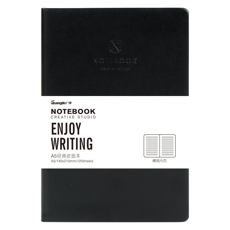 GuangBo A5/120 Sheets Business Leather Notebook, Journal, Stylish Classic Simple Leather Cover Notebook for Office Meetings And Notes, Black GBP20002
