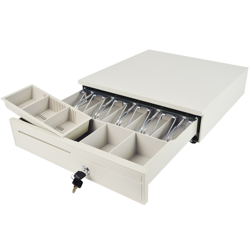 Aibao JY-405 Cash Drawer with Five Compartments And Three Positions, Cash Register Money Box, White, Lockable Drawer-Style Cash Box That Can Be Used Independently