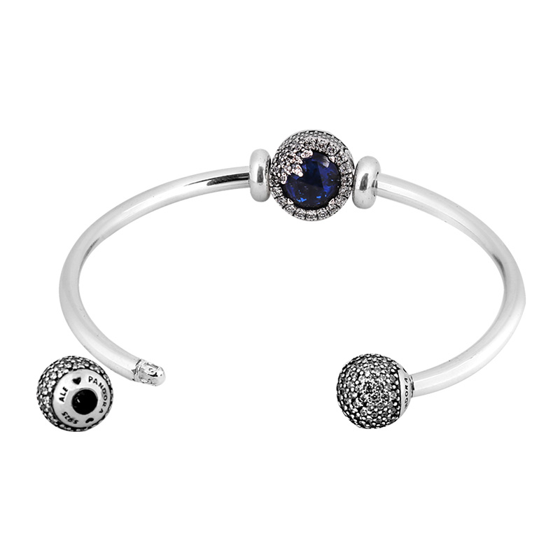 pandora 潘多拉 带花边深蓝色猫眼石开口手镯 zx1062-2
