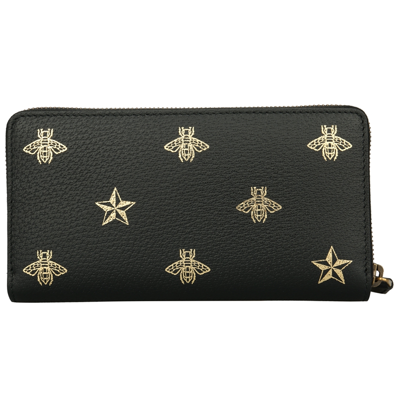gucci 古驰 gucci钱包 黑色牛皮小蜜蜂印花拉链女士长款钱包 495062