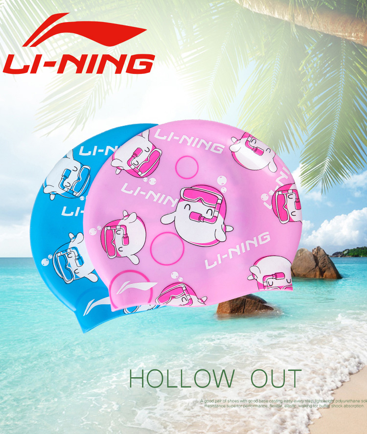 Li-Ning Children's Swimming Cap, Silicone Long Hair, Cute Non-Binding Cartoon Print Swim Cap for Boys And Girls, LSJN910-2 Pink 1