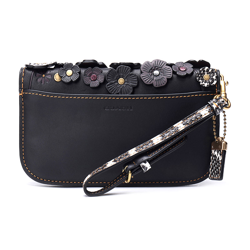 蔻驰coach奢侈品女士专柜款皮质手拿包黑色山茶花22935olblk