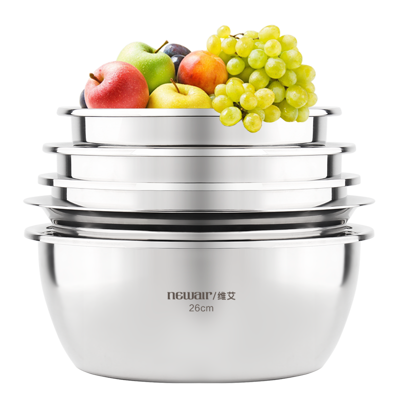 Newair Stainless Steel Bowl Set of Five: Seasoning Bowl, Rice Washing Bowl, Vegetable Cleaning Bowl, Dough Mixing Bowl, Draining Basket, Salad Bowl, Rice Sieve, Seasoning Bowl Set