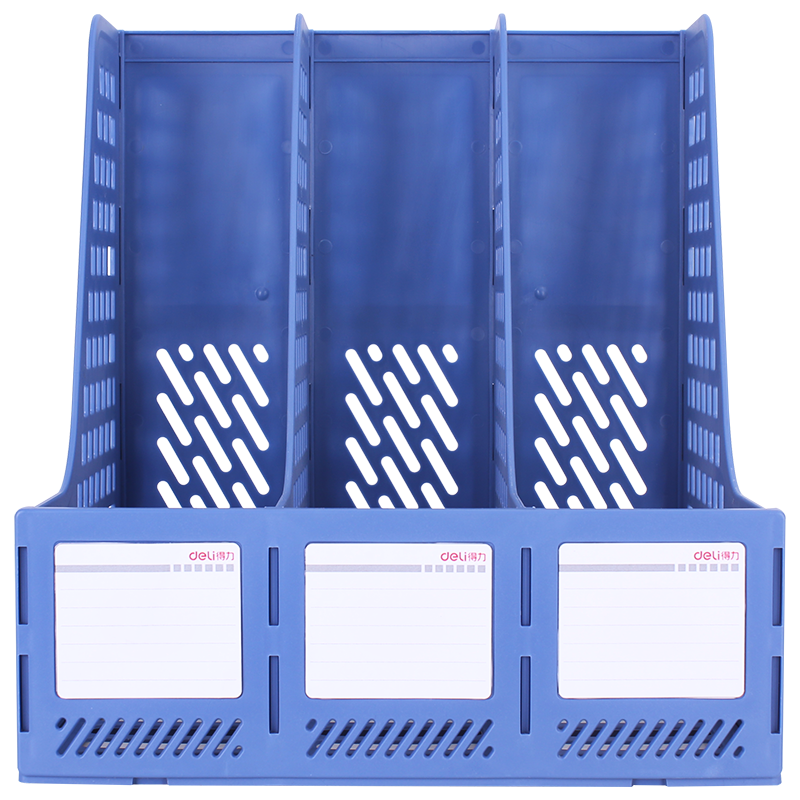 Deli 3-Tier Hollow Desktop File Organizer Bookend Shelf Storage Box, Office File Holder with Labels, Document Storage Rack, Book And File Organizer Tool, Blue 27666