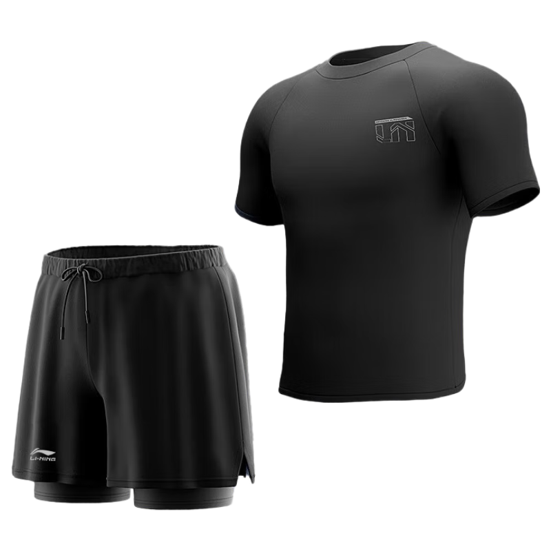 Li-Ning Men's Swim Trunks, Anti-Embarrassment Double-Layer Boxer Shorts, Beach Shorts, Hot Spring Minimalist Top And Swim Shorts Set 0537 L