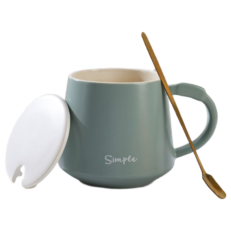 Chuanqi Ceramic Mug with Spoon Lid for Coffee, Milk, Breakfast And Water, Green 350ml