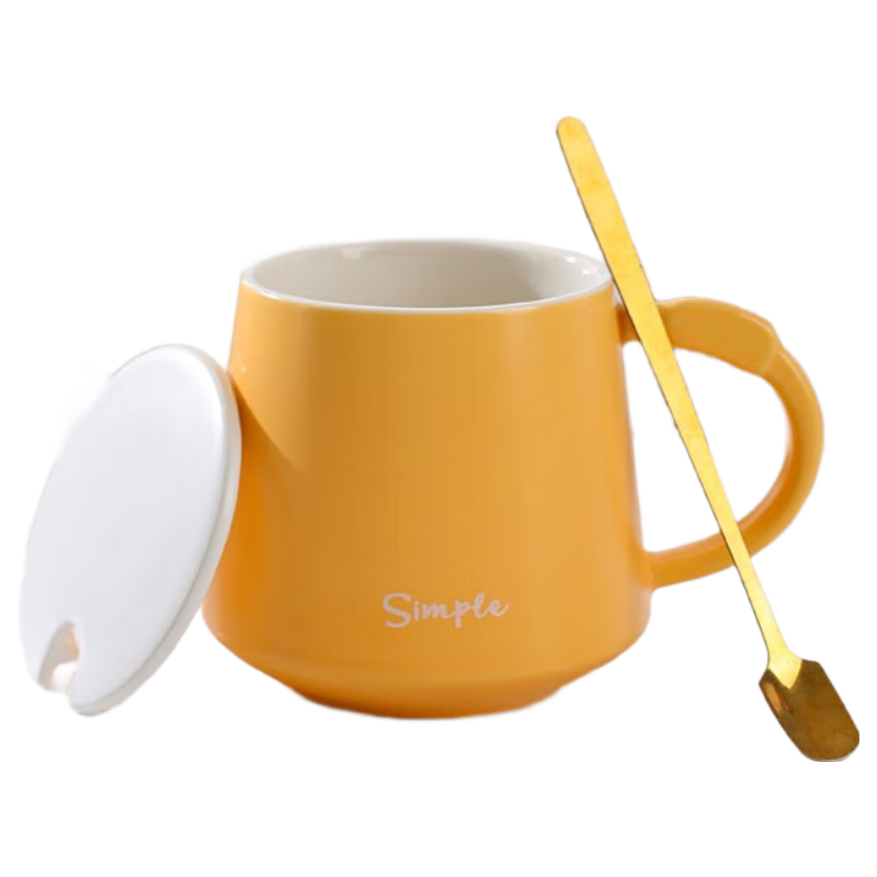 Chuanqi Ceramic Mug with Spoon And Lid, Orange Breakfast Cup for Coffee, Milk, Water, Sunshine Orange 350ml