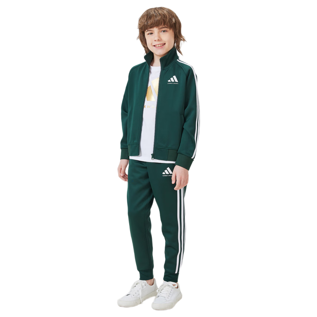 Adidas Children's New Lightweight Sportswear Set, Classic Outdoor Casual Jacket And Pants Set, Forest Green/white, Size 110
