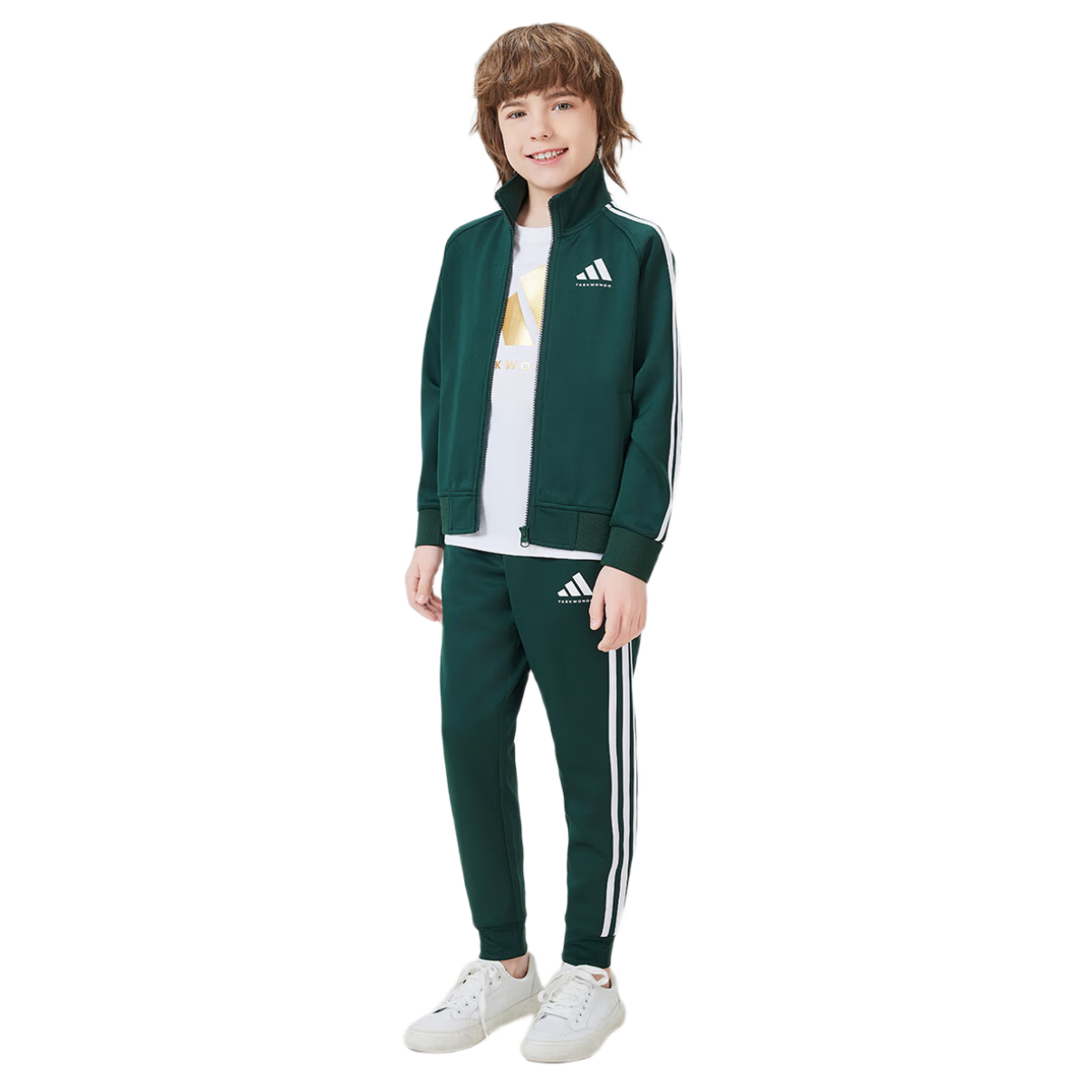 Adidas Children's Lightweight Sportswear Set, Classic Three-Striped Casual Jacket And Pants, Forest Green/white (New Style), Size 110