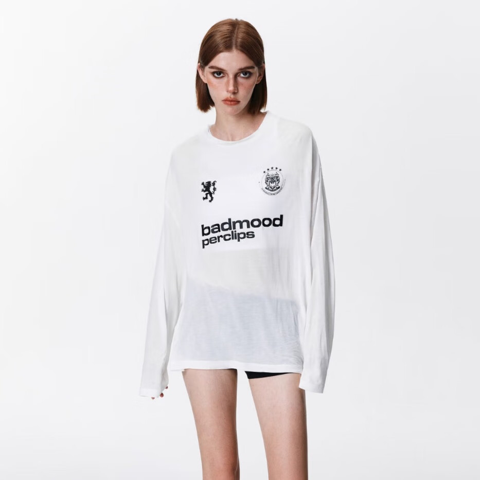 PCLP Printed Long Sleeve Sports Hoodie Loose Fit American Style Lightweight T-Shirt M White