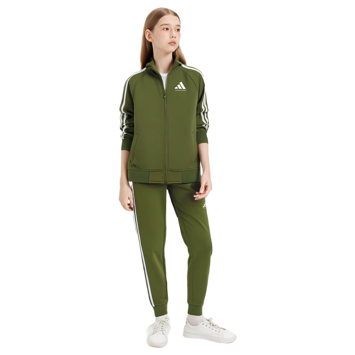 Adidas Children's Lightweight Sportswear Set, Classic Three-Striped Casual Jacket And Pants, Bamboo Green/white (New Style), Size 110