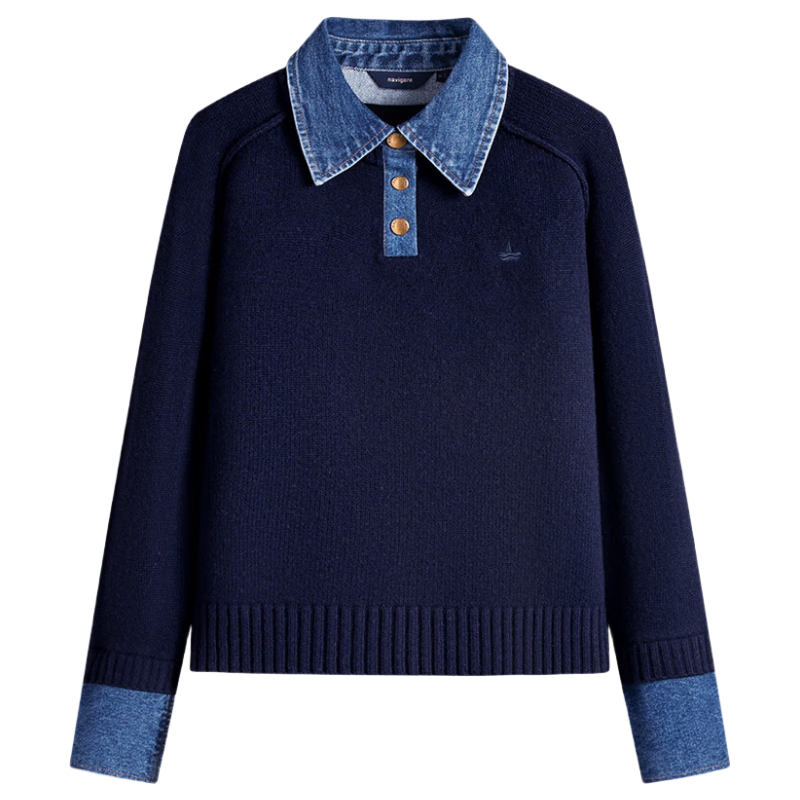 Navikail Italian Small Sailboat 25th Anniversary New Knit Sweater Women Loose Denim Patchwork Wool Sweater 2334015502