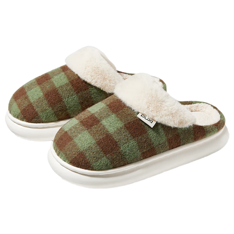 Puxi Winter Men's Plaid Vintage Warm Home Thick Sole Cotton Slippers Indoor Silent Peacock Green Size 44-45