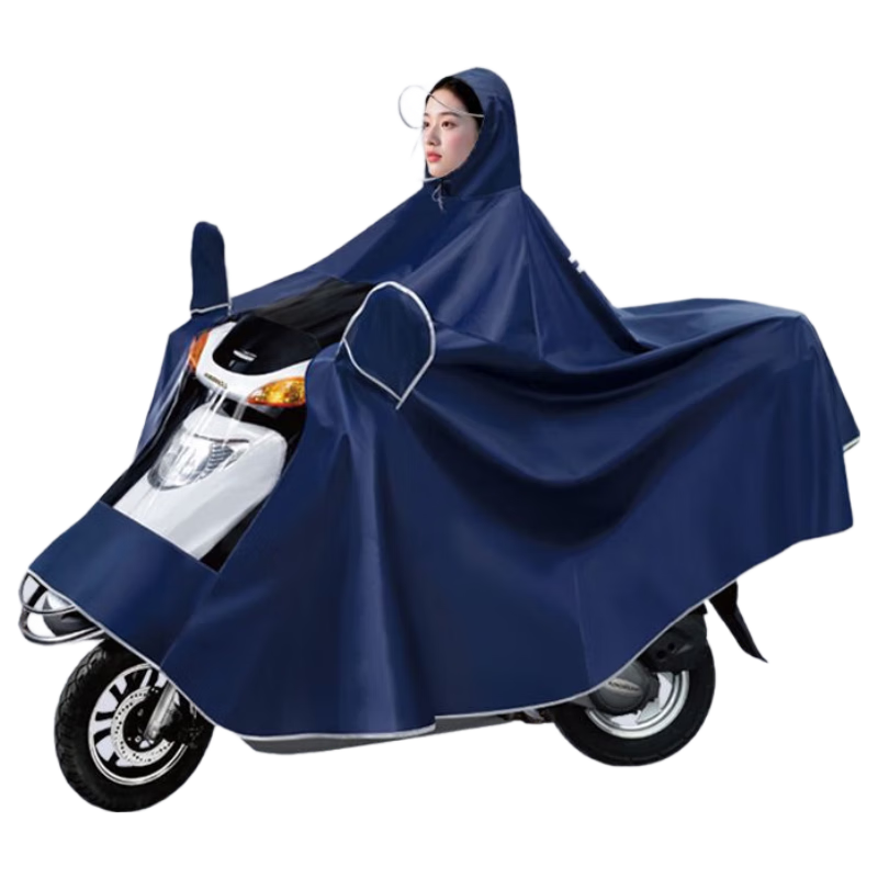Anxianda Outdoor Raincoat Motorcycle Electric Bike Single/Double Person Unisex Extra Large Thickened Stormproof Raincoat with Hood Brim Navy Blue Single Person Version