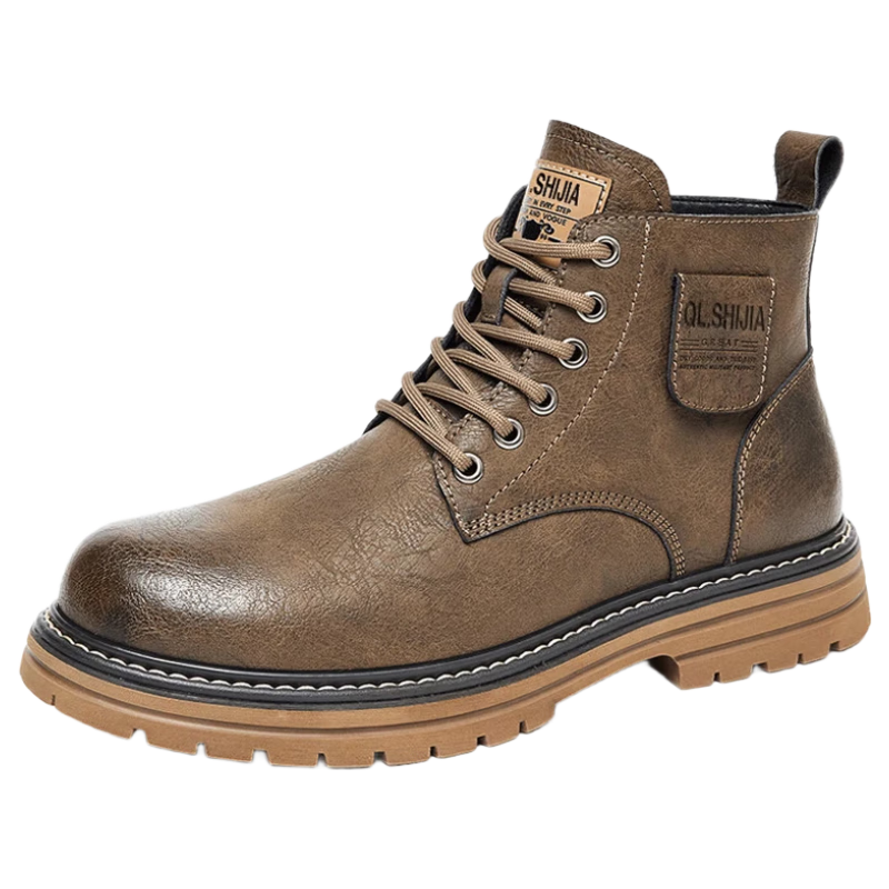 QUNLANGSHIJIA Men's Genuine Leather Martin Boots Winter Thick Sole British Retro Fashion Work Boots with Fleece Lining