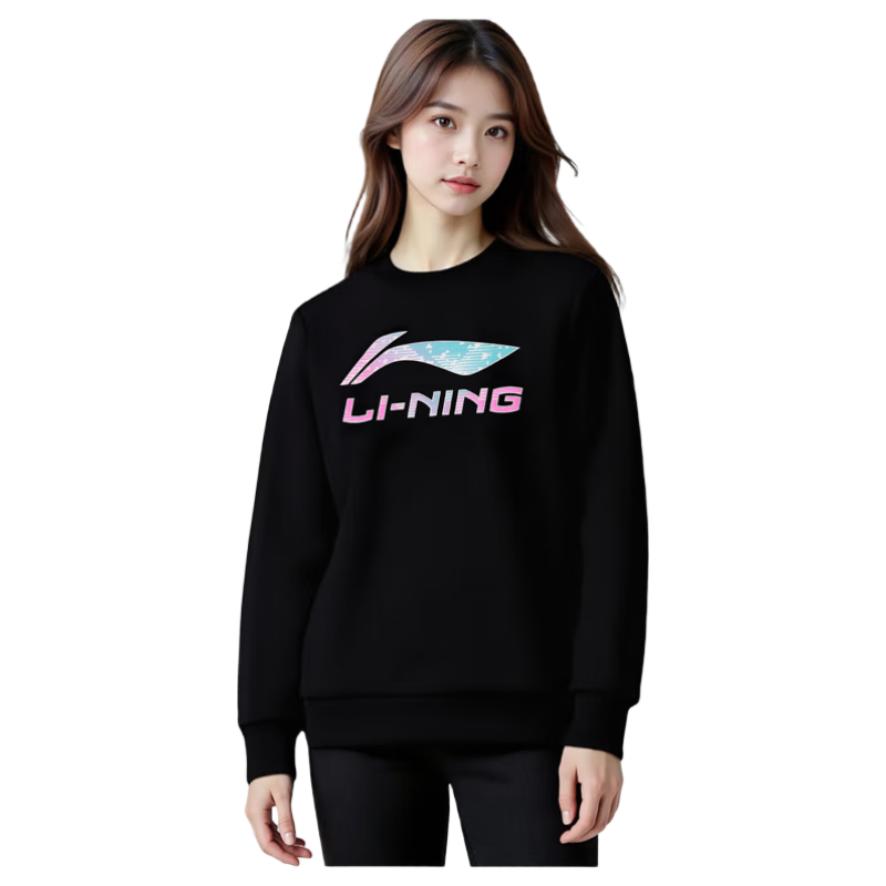 LI-NING Women's Long Sleeve Sports Sweatshirt Comfortable Casual Pullover Crew Neck Loose Fit Top