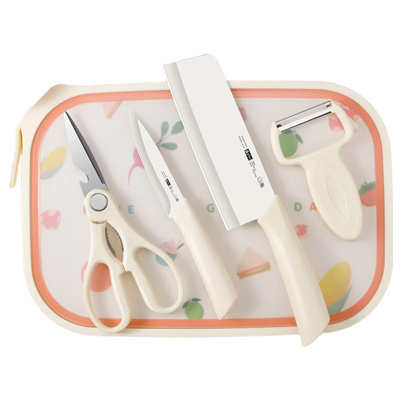 COOKSS Baby Food Preparation Board and Knife Set Stainless Steel Scissors Fruit Knife Vegetable Peeler Children's Cooking Tools