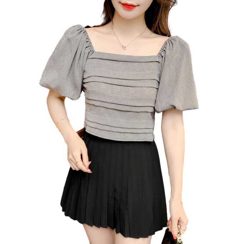 JEANSWEST Women's Summer Short Sleeve Plaid Shirt French Puff Sleeve Cropped Top Gray L