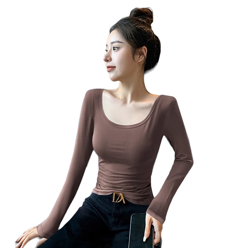 TUCANO Modal Base Layer Women's Inner Wear Double U-Neck Long-Sleeve T-Shirt Stylish Outer Wear Top Thin Style Coffee Color XL