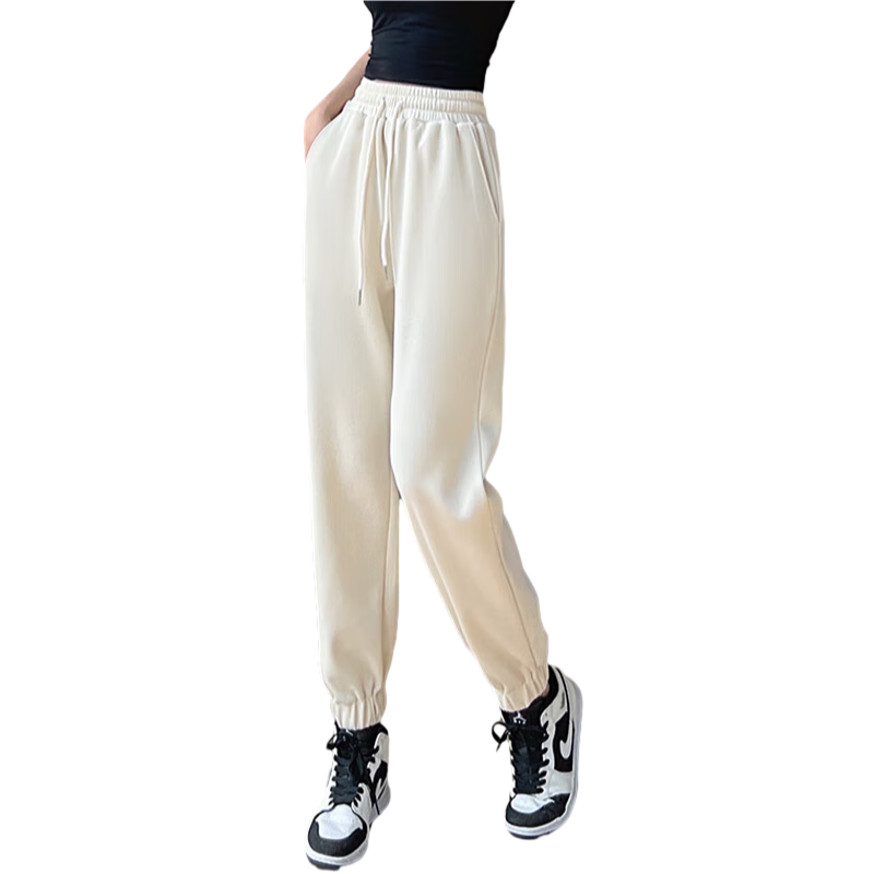 Jeanswest Casual Pants for Women, Elastic Ankle Sports Loose Wide-Leg Trousers, Summer High-Waist Petite Versatile Pants, Milk White, Size S