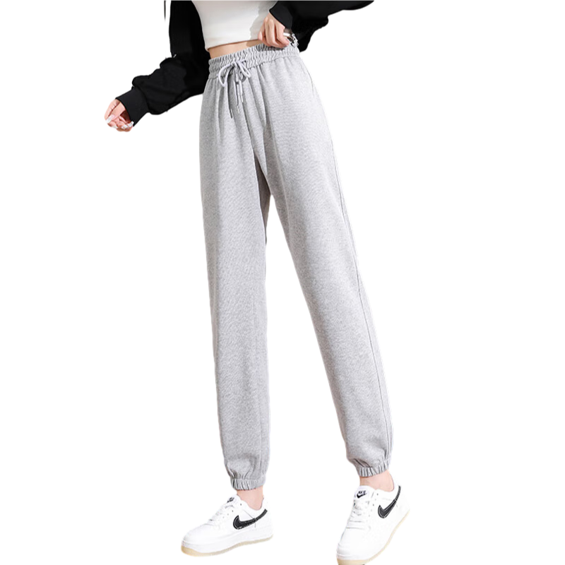 Jeanswest Casual Pants for Women, Elastic Ankle Sports Loose Wide-Leg Trousers, Summer High-Waist Petite Versatile Pants, Linen Gray, Size M