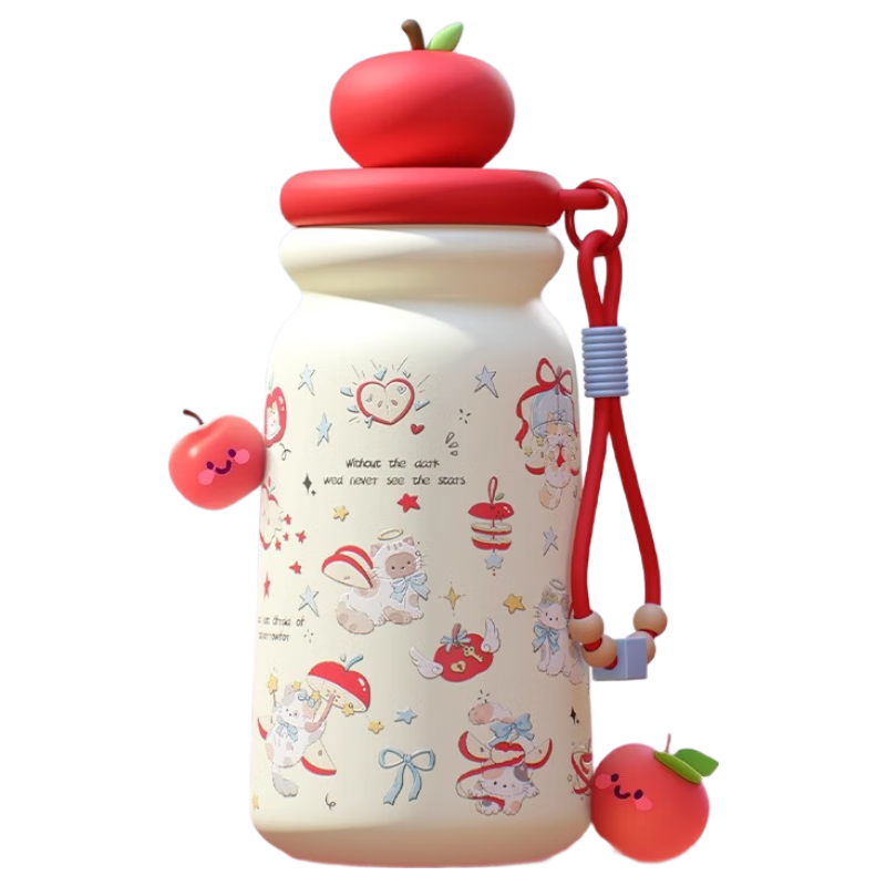 PINYU Insulated Tumbler 316 Stainless Steel High-Value Straw Water Bottle Portable Large Capacity Apple Cat 500ml