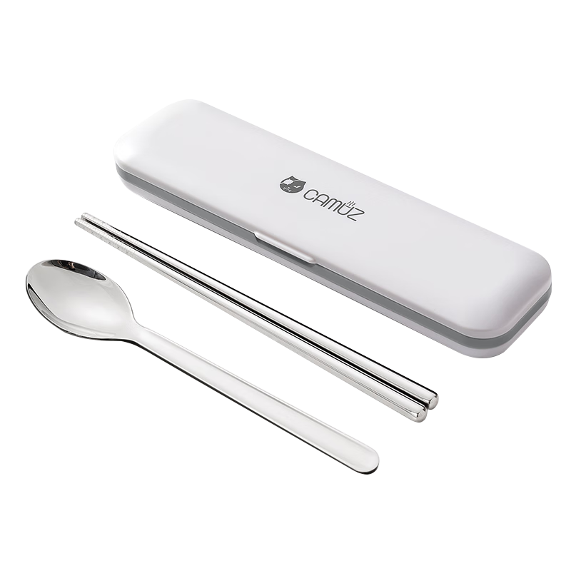 CAMUZ Food-Grade 316 Stainless Steel Portable Cutlery Set with Chopsticks And Spoon for Students And Office Workers, Single-Person Dining Set with Utensil Box, White