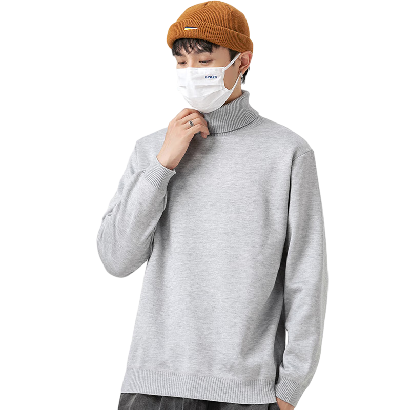 GENIOLAMODE Men's Turtleneck Sweater, Winter Fleece-Lined Thick Warm Anti-Cold Base Layer Knit Pullover for Men, Light Gray, Size L