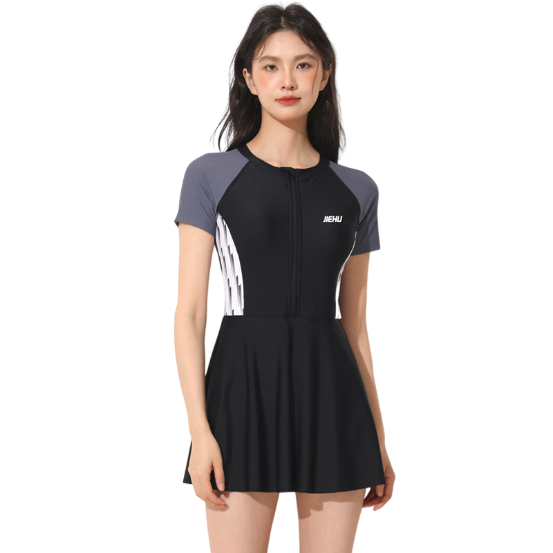 Jiehu One-Piece Swimsuit Dress for Women, Conservative Swimwear for Hot Springs And Swimming, Tummy Control, Slimming, Chlorine-Resistant, Quick-Drying, Black, Size M