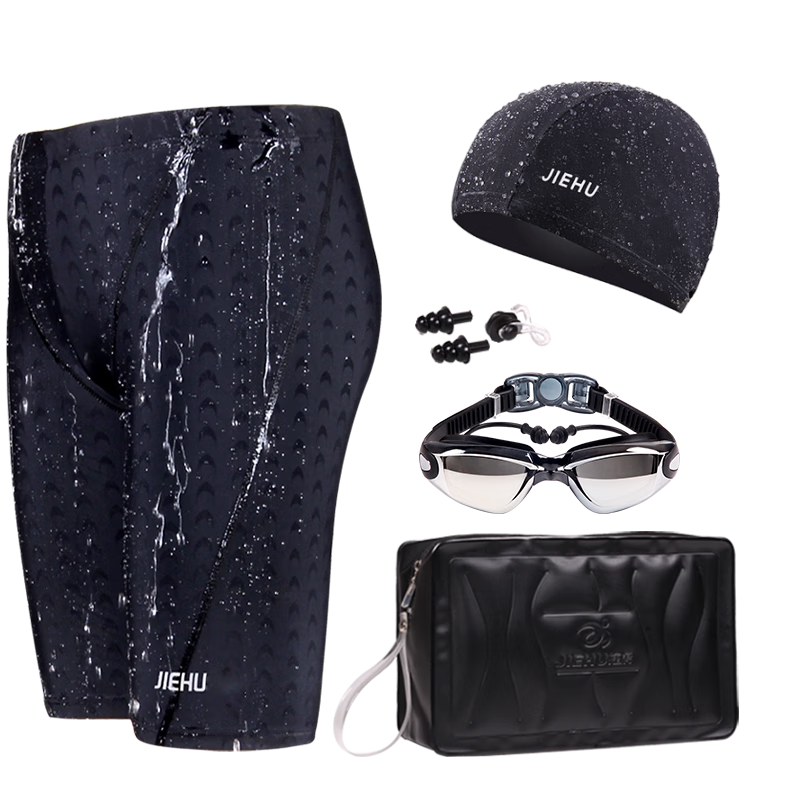 Jiehu Men's Swim Trunks Set with Goggles, Swim Cap, Swim Bag, Nose Clip And Ear Plugs, Five-Piece Anti-Embarrassment Swimming Gear Set for Me