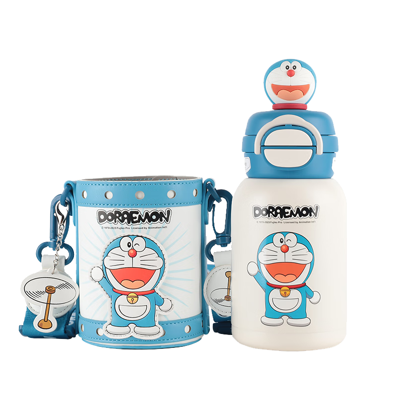 BEDDYBEAR Open Double-Drinking Lid Children's Insulated Cup with Straw, 316 Steel Large Capacity Thermos, 600ML Doraemo
